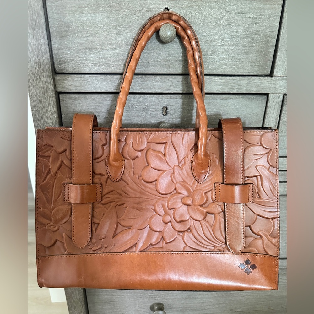 Patricia Nash Brown Leather Satchel with Embossed Floral Design